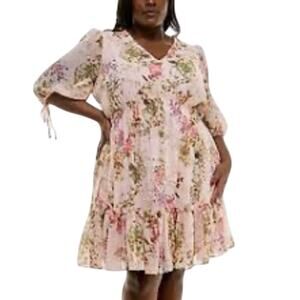 Taylor Romantic Cottagecore Cream Floral Ruffled Tie Sleeve Mini Dress Size 20